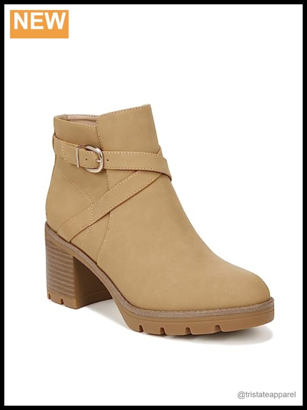 Water Repellent Ankle Boots with Buckle Detail - Side Zip, Block Heel
